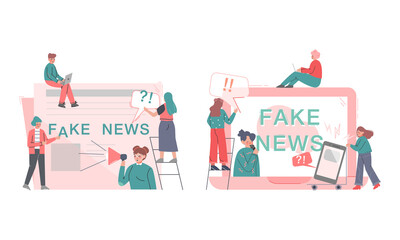 Fake news, disinformation spread. Tiny people reading newspaper and information from social networks cartoon vector illustration