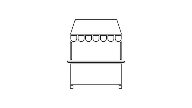 Black line Street stall with awning and wooden rack icon isolated on white background. Kiosk with wooden rack. 4K Video motion graphic animation