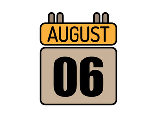 Day 6 August calendar icon. Calendar vector for August days isolated on white background.