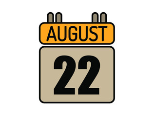 Day 22 August calendar icon. Calendar vector for August days isolated on white background.