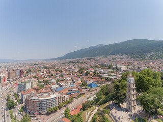Aerial view of Tophane Clock Tower at Bursa, Turkey. The tower currently has a radio clock and is used as a fire lookout station