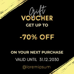 70% off coupon gift voucher template with gold grunge brush corners on black background. Premium design for discount cards, sale discount coupon, gift certificate, discount labels, coupon code.