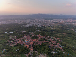 Aerial view of sunset over the city of Bursa, Turkey