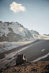 Caucasian mountains. Mt Kazbeg base camp. Meteostation in Kazbek, Georgia. Mount Kazbek alpinist...