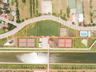 Aerial view of sports complex including football, tennis, basketball and volleyball courts
