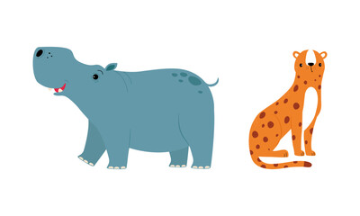 Cute wild safari African animals set. Hippo and leopard jungle animal cartoon vector illustration