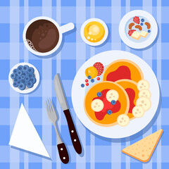 Vector illustration of a healthy breakfast. A plate with pancakes, fruits and berries. Breakfast with a cup of coffee. Top view