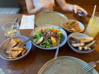 Purslane Salad with Ribs Meat and Roasted Peach. Tortilla Chips serves at restaurant.