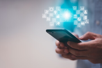 Cloud computing and technology icons touched by hand. Cloud technology collects lifestyle and...