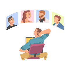 Man having conference video call with his colleagues or friends. Business team talking to each other online cartoon vector illustration
