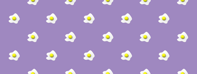 pattern. Image of chicken egg on pastel purple backgrounds. Egg with round yolk. Surface overlay pattern. Banner for insertion into site. Place for text cope space. 3D image. 3D rendering.