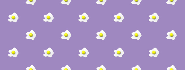 pattern. Image of chicken egg on pastel purple backgrounds. Egg with round yolk. Surface overlay pattern. Banner for insertion into site. Place for text cope space. 3D image. 3D rendering.