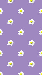 pattern. Image of chicken egg on pastel purple backgrounds. Egg with round yolk. Surface overlay pattern. 3D image. 3D rendering. Vertical image.