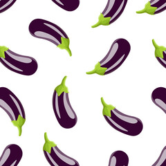 Eggplant in cartoon flat style vector seamless pattern on white background. Aubergine background pattern. Vegetables texture wallpaper.	