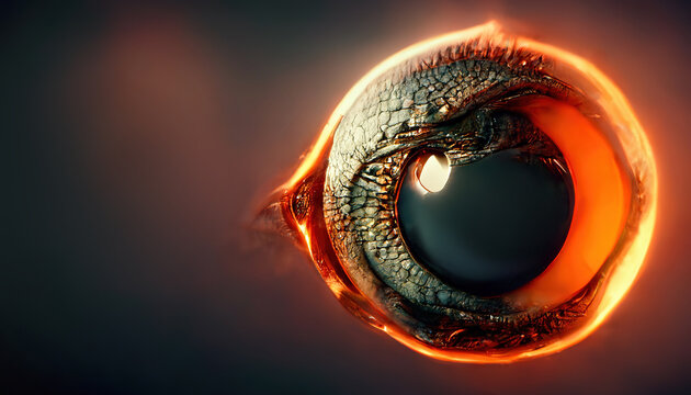 Dragon eye, fantasy abstraction, art. Eye close-up, macro. 3D illustration.