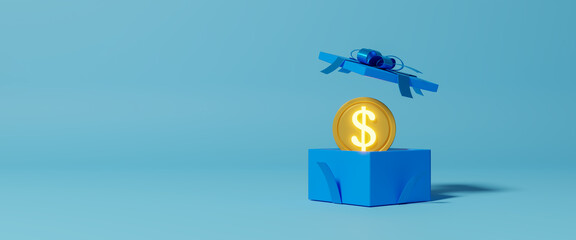 Gift box with gold coins, business concept, cash bonus, open textured gift box with coin money flying out the box on blue background, win money prizes, gambling advertising illustration,3d rendering - obrazy, fototapety, plakaty