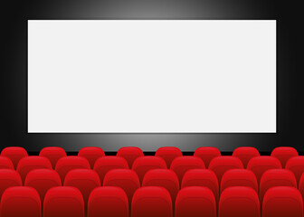 Cinema movie theater with blank screen and red seat. Movie screen in the cinema. Cinema concept. Vector stock