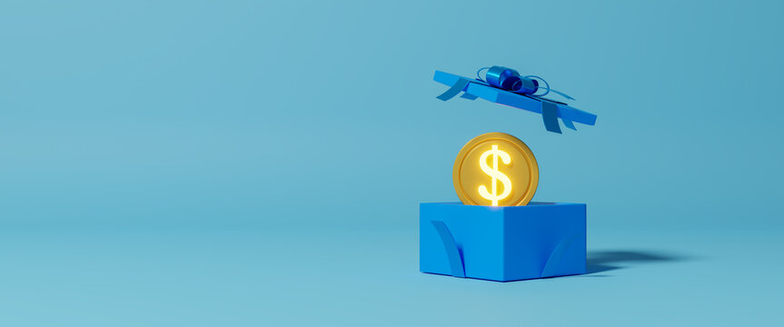 Gift box with gold coins, business concept, cash bonus, open textured gift box with coin money flying out the box on blue background, win money prizes, gambling advertising illustration,3d rendering