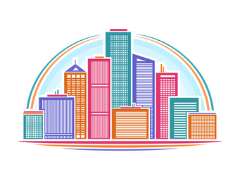 Vector illustration of Urban Skyline, horizontal decorative poster with multicolored linear design skyline cityscape, urban line art concept with various colorful buildings on blue sky background