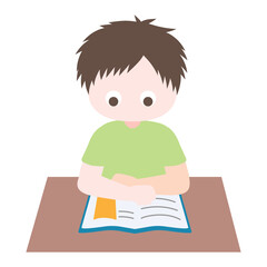 Cartoon cute little boy focus on reading book in classroom. Child back to school series. Isolated on white background, vector, illustration, EPS10