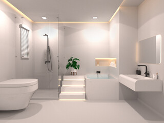 Modern bathroom in warm tones, bathtub, walk-in shower, interior design, 3d illustration.