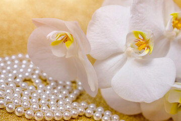 Fototapeta na wymiar white Orchid and pearl necklace on a shiny gold background