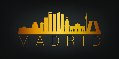 Naklejka premium Madrid, Spain Gold Skyline City Silhouette Vector. Golden Design Luxury Style Icon Symbols. Travel and Tourism Famous Buildings.