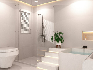 Modern bathroom in warm tones with walk-in shower, bathtub, and plant Monstera on white stair 3d illustration.