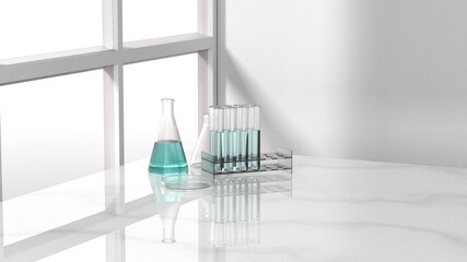 3D render Blue glass flask in blue research chemistry science laboratory on marble table with near window light background. 3d illustration.