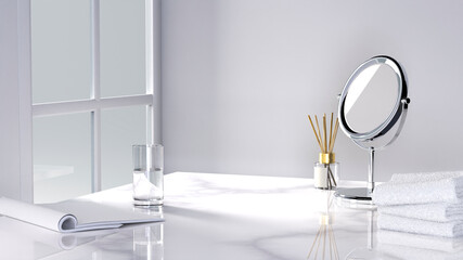 Desktop makeup cosmetic mirror, White Towel, Diffuser Aroma Stick Fragrance on marble counter table near window light bathroom background.3d illustration.