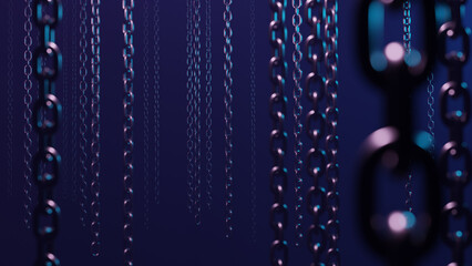 Naklejka na ściany i meble Indastrial background with hanging metal chains. Abstract dark blue horror design concept. 3D rendered image.