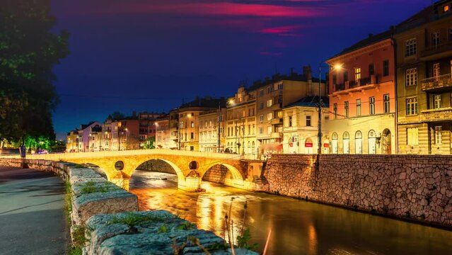 Sarajevo bosnia and herzegovina night view river latino bridge timelapse at sunset
