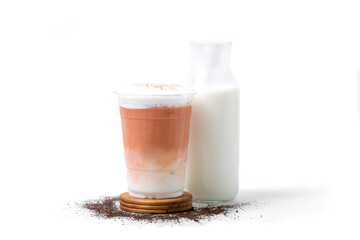 ice Thai tea with tea powder and milk bittle isolated on white background. coffee shop cafe menu concept.