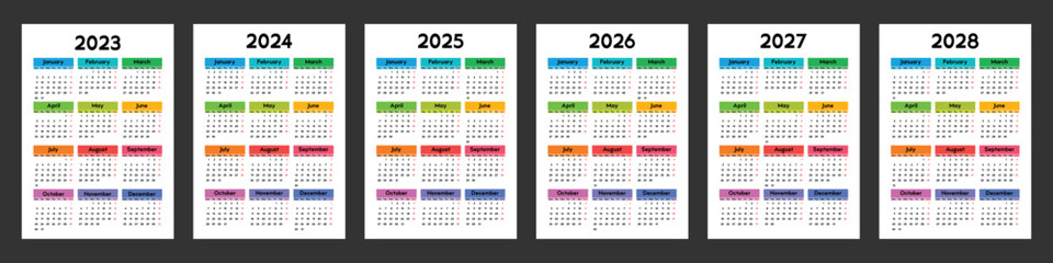 calendar 2023, 2024, 2025, 2026, 2027, 2028, week starts on Monday, basic template with a bright multicolored design. vector illustration