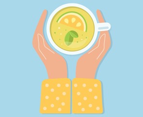 Hands holding a cup of green tea with lemon on top. The girl warms her hands. Fragrant drink, morning drink in warm hands. Time relax. Vector isolated flat design illustration. Flat lay.