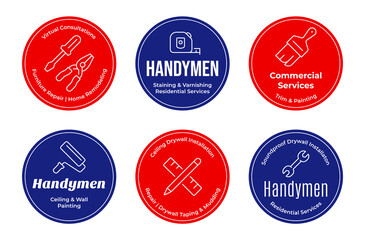 Handymen service circle blue and red badge promo advertising set vector illustration