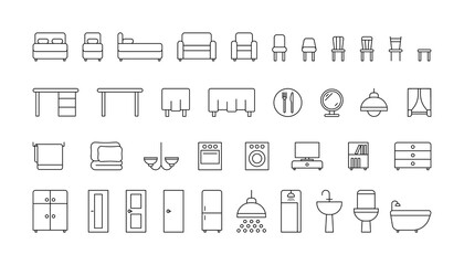 Bedroom and bathroom furniture line icon set. Single and double bed, sofa, shower, bath, accessories. Linear furniture for interior house, plumbing, home appliances. Vector outline sign