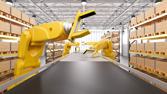 Industrial robotic arms with empty conveyor belts. 3D rendering