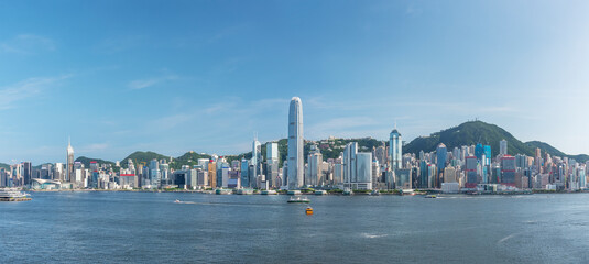 Panorama of skyline of Victoria Harbor in Hong Kong city - obrazy, fototapety, plakaty
