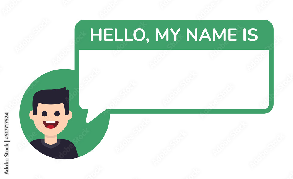 Poster Man avatar with Hello, my name is text isolated on white background. Message template concept.