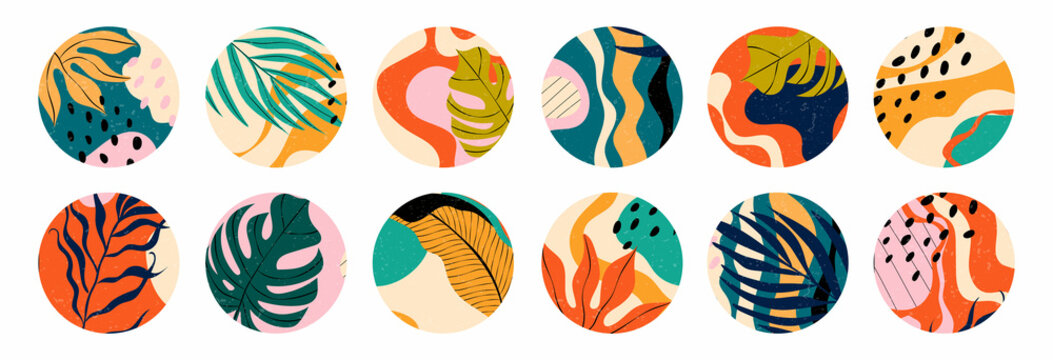 Big set of twelve abstract backgrounds. Hand-drawn various shapes and scribbles. Modern contemporary trendy vector illustration. Each background is isolated. For social networks. Stock graphics.