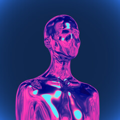 Abstract creative illustration from 3D rendering of anonymous female bust figure made of chrome reflecting metal and isolated on gradient background in vaporwave style colors. 