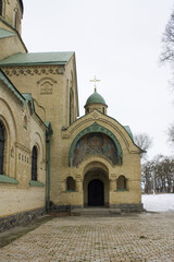 Fototapeta na wymiar Fragment of Svyatopokrovska Church (or Church of the Intercession of the Most Holy Theotokos) in Parkhomivka, Kyiv region, Ukraine 