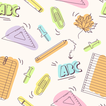Back to school seamless pattern. Line art doodle illustration with school supplies. Pins, clips, maple leaf, pencil, paper, crayons and ruler. Vector background