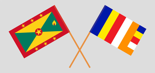 Crossed flags of Grenada and Buddhism. Official colors. Correct proportion