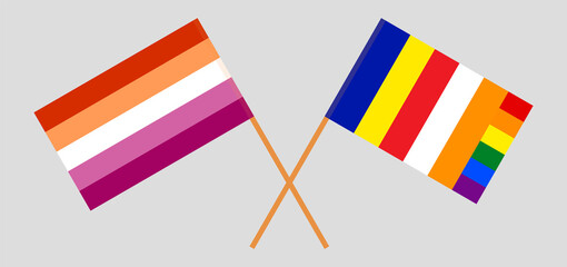 Crossed flags of Lesbian Pride and Buddhism. Official colors. Correct proportion
