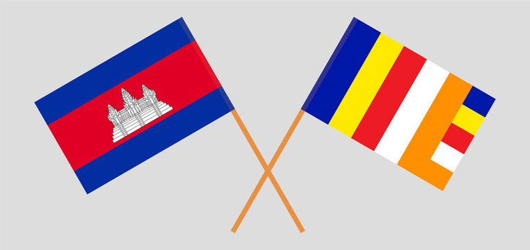 Crossed Flags Of Cambodia And Buddhism. Official Colors. Correct Proportion