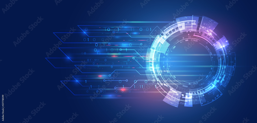Poster Hi-tech computer digital technology concept. Wide Blue background with various technological elements. Abstract circle technology communication, vector illustration.