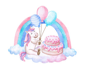 Unicorn with balloons and cake isolated on white background. Baby party, baby shower. Watercolor, illustration, clipart