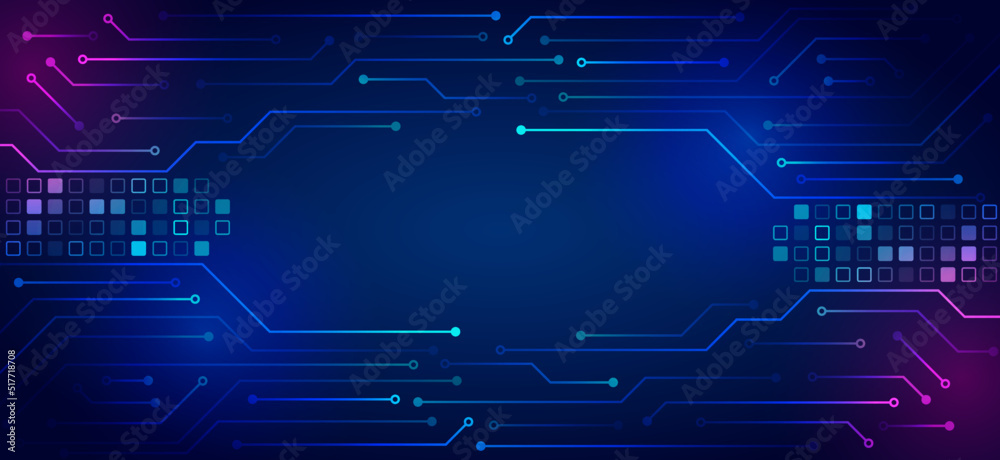 Poster Digital internet communication on blue background. Wide Cyber security internet and networking concept. Hi-tech vector illustration with various technology elements. Abstract global sci fi concept.